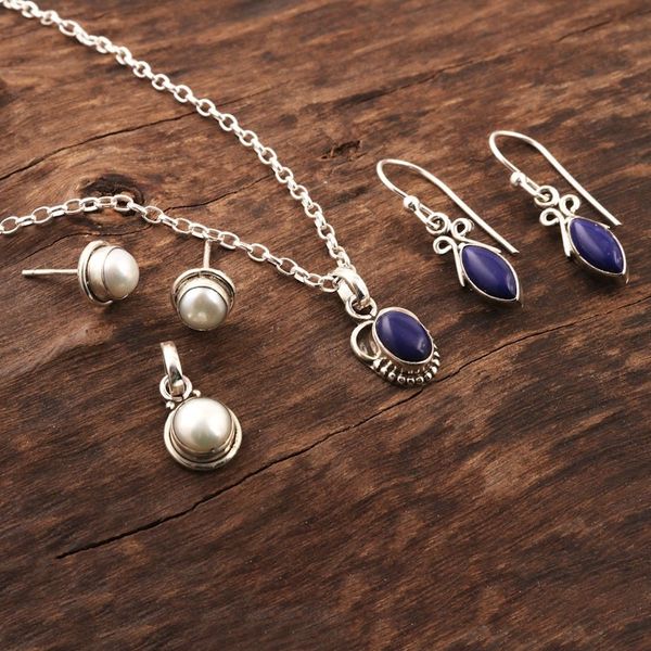 Alternate image for Handmade Cultured Pearl and Lapis Lazuli Jewelry Set Ocean Treasure