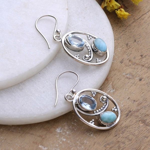 Alternate image for Oval Dangle Earrings with Blue Topaz and Larimar Gems Heavens Mirror