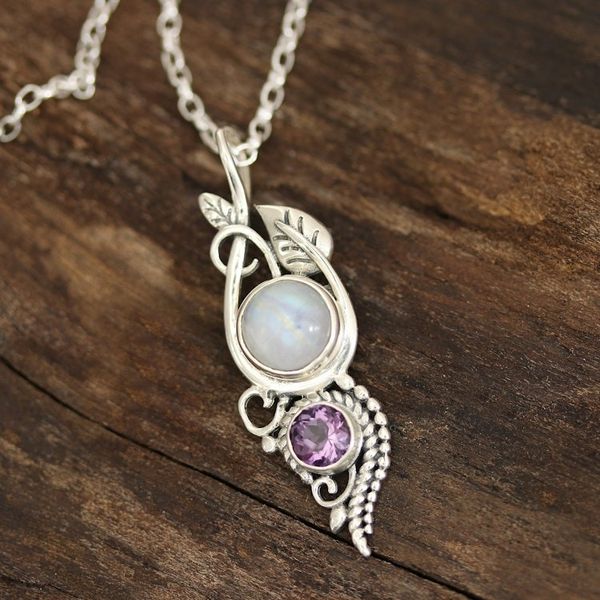 Alternate image for Leafy Rainbow Moonstone and Amethyst Pendant Necklace Misty Elegance