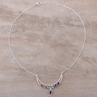 Alternate image for Handmade Sterling Silver and Multi-Gemstone Chakra Necklace Peaceful Crescent