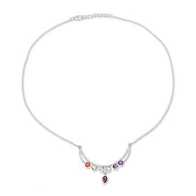 Alternate image for Handmade Sterling Silver and Multi-Gemstone Chakra Necklace Peaceful Crescent