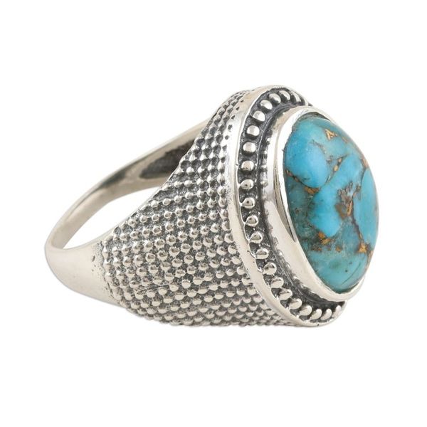 Alternate image for Sterling Silver and Reconstituted Turquoise Mens Dome Ring Turquoise Swirl