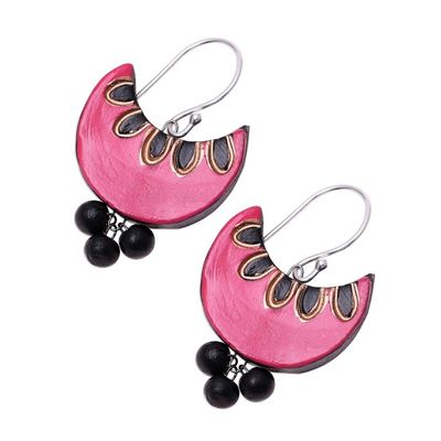 Alternate image for Pink and Black Crescent Moon Ceramic Dangle Earrings Pink Crescent
