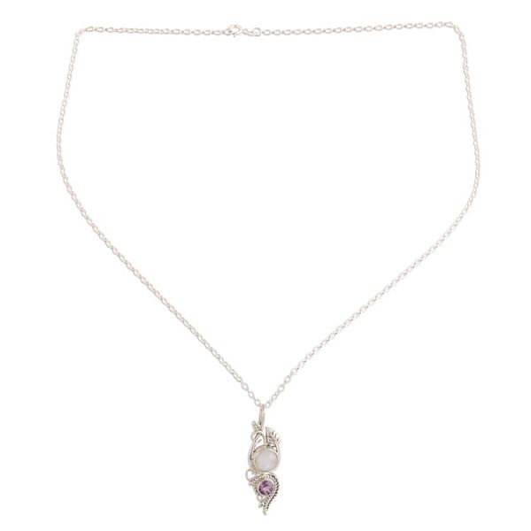 Alternate image for Leafy Rainbow Moonstone and Amethyst Pendant Necklace Misty Elegance