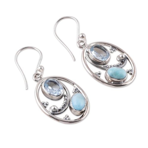 Alternate image for Oval Dangle Earrings with Blue Topaz and Larimar Gems Heavens Mirror