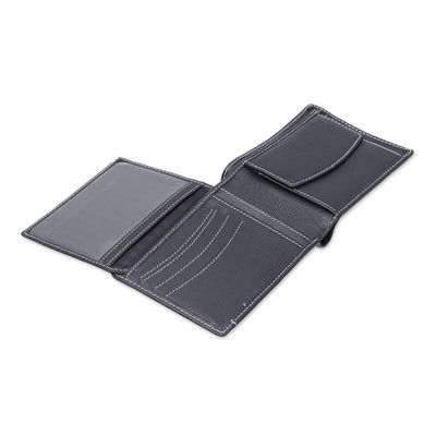 Alternate image for Mens Black Pebbled Leather Contrast Stitched Bi-Fold Wallet City Sophisticate in Black