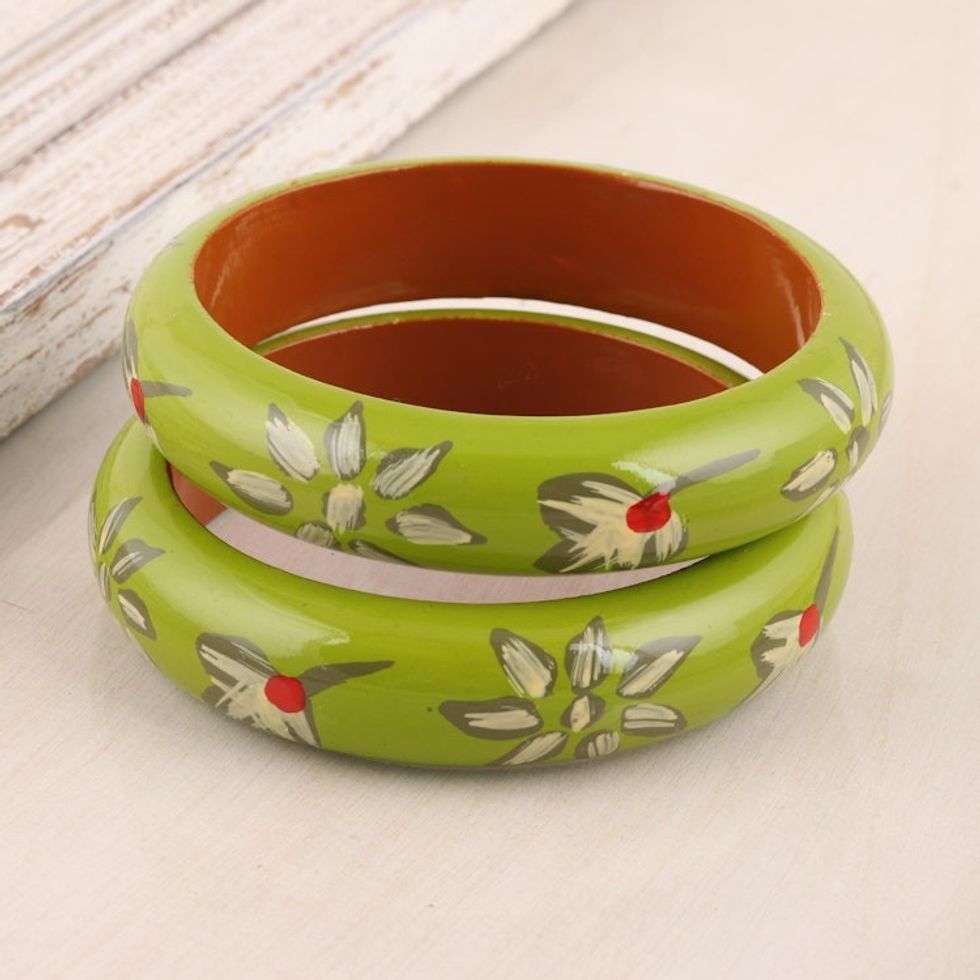 Floral Haldu Wood Bangle Bracelets in Lime from India Pair 'Lime Bloom'