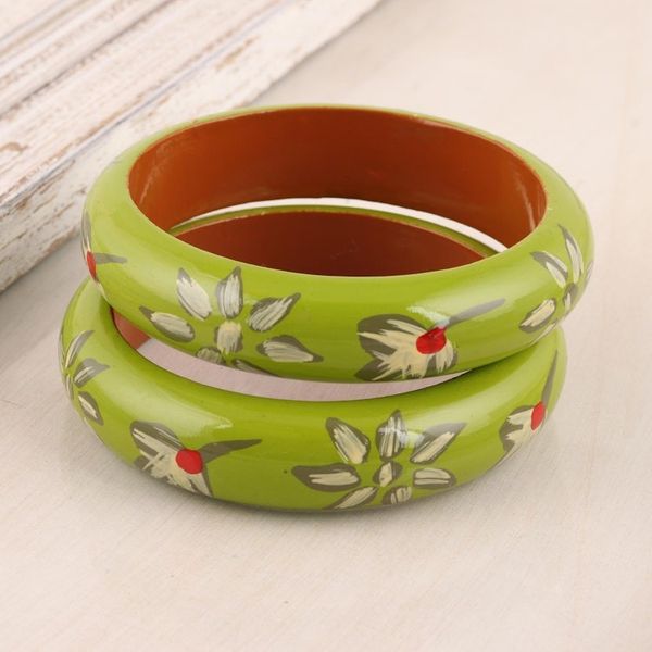 Alternate image for Floral Haldu Wood Bangle Bracelets in Lime from India Pair Lime Bloom