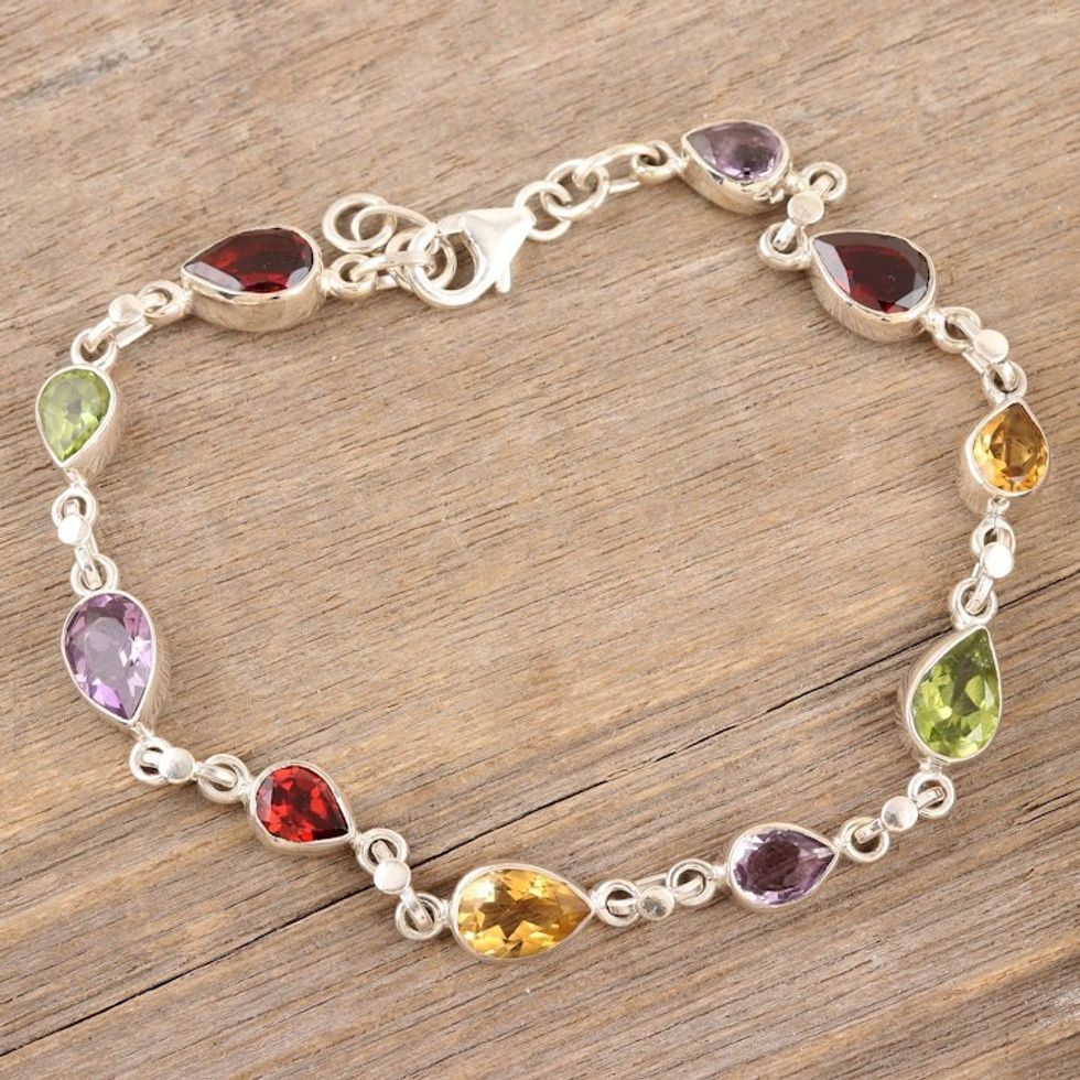 Sterling Silver Link Bracelet with Multiple Gemstones 'Intense Symphony'