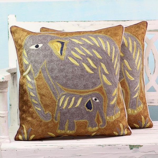 Alternate image for Elephant Theme Embroidered Chainstitch Cushion Covers Pair Grey Indian Elephants