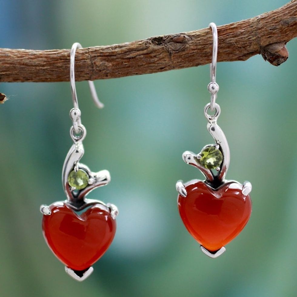 Heart Jewelry Earrings with Red Onyx and Peridot  'A Sigh of Romance'