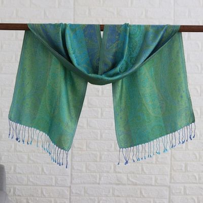 Alternate image for Green and Turquoise Silk Scarf with Leafy and Classic Motifs Green Heaven