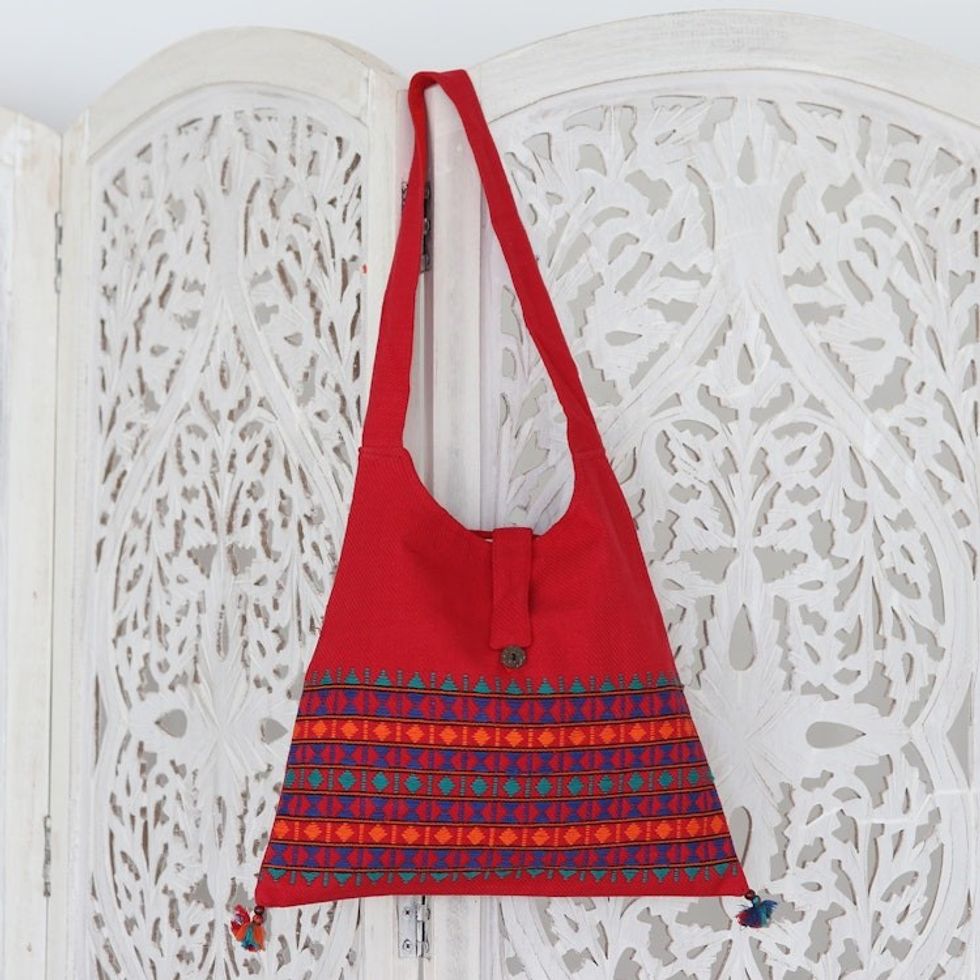 Red Cotton Shoulder Bag Handmade India 'Crimson Tease'