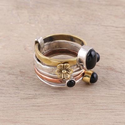 Alternate image for Sterling Silver Copper Black Onyx Cocktail Ring Midnight Flowers
