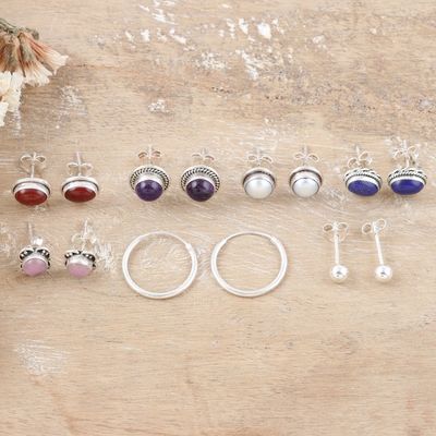 Alternate image for Set of 7 Polished Sterling Silver Earrings with Gemstones Precious Auras