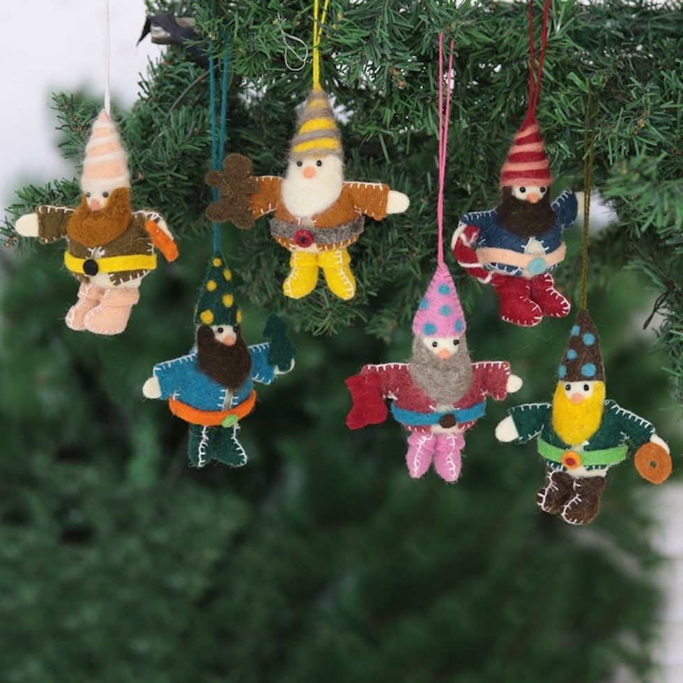 Handcrafted Wool Felt Christmas Ornaments Set of 6 'Glad Tiding Gnomes'