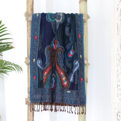 Alternate image for Hand-Embroidered Midnight Blue Wool Shawl Paisley Dreams