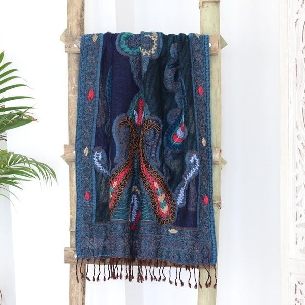 Alternate image for Hand-Embroidered Midnight Blue Wool Shawl Paisley Dreams