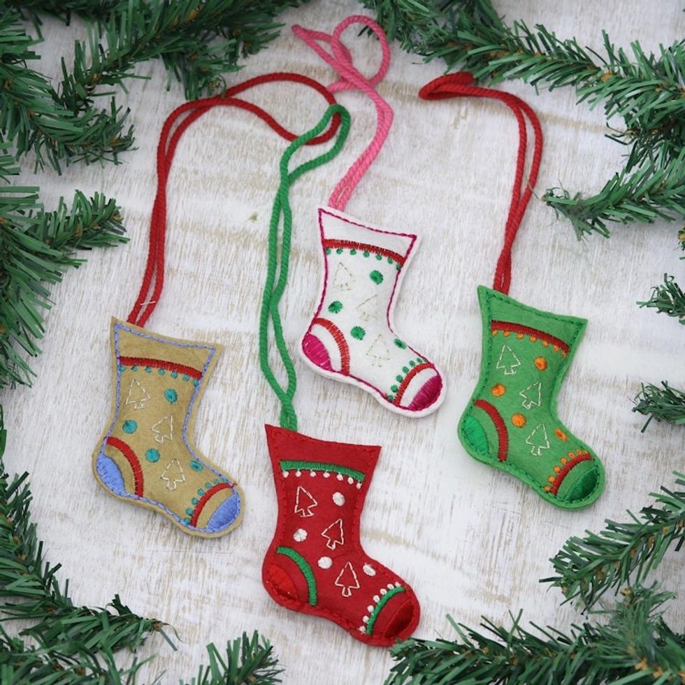 Embroidered Wool Stocking Ornaments from India Set of 4 'Christmas Charm'