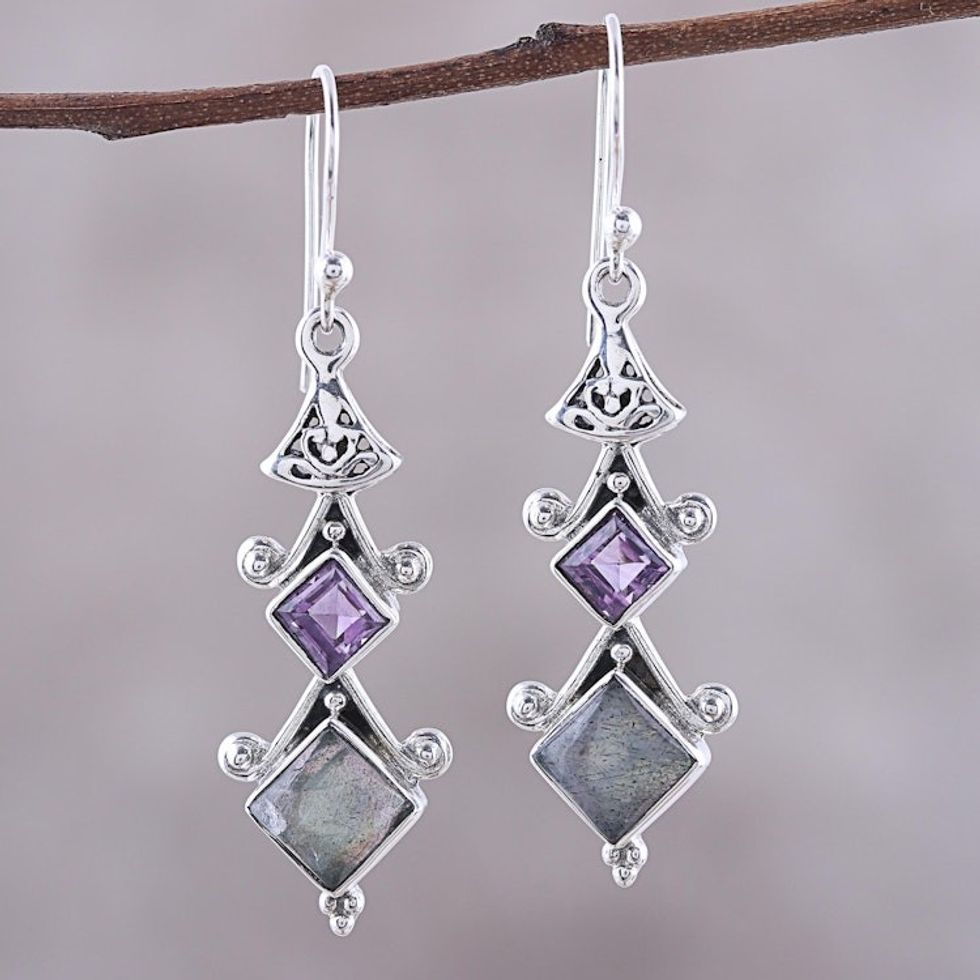 Square Labradorite and Amethyst Dangle Earrings from India 'Tower Charm'