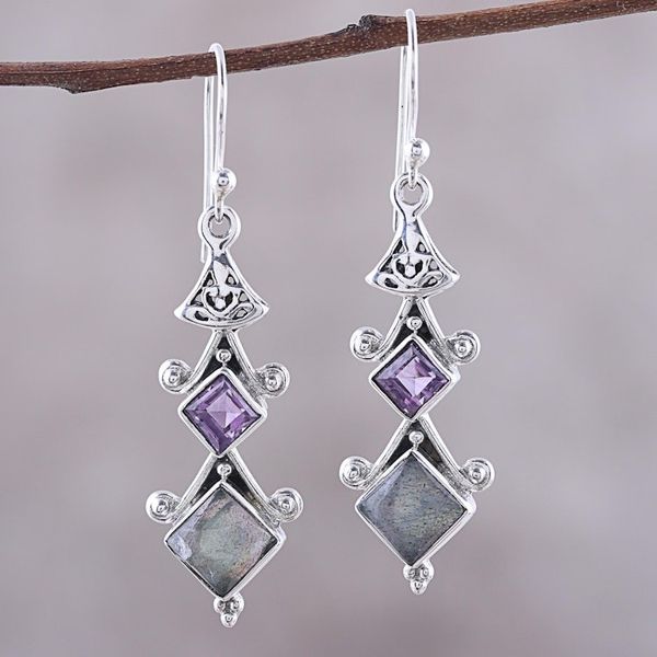 Alternate image for Square Labradorite and Amethyst Dangle Earrings from India Tower Charm