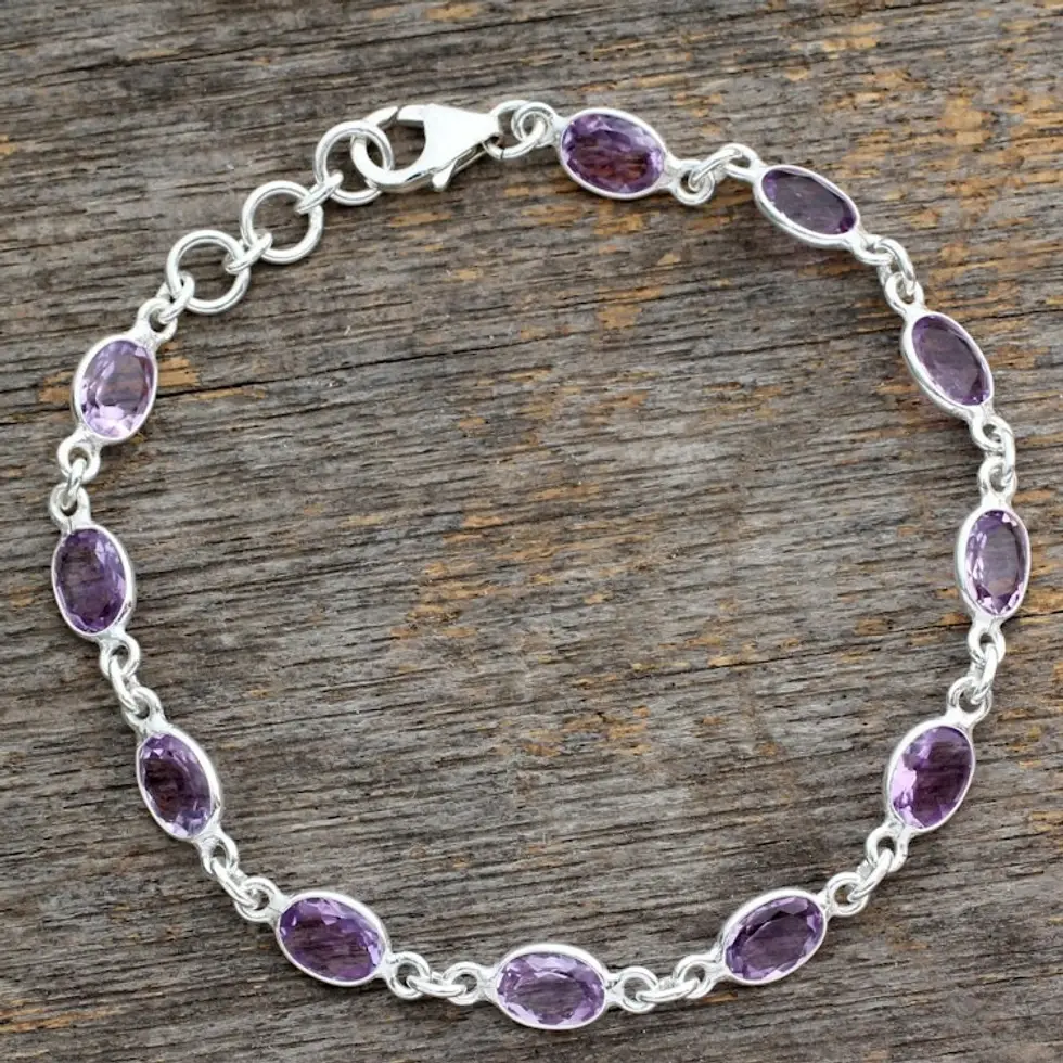 Handcrafted Indian Amethyst Sterling Silver Tennis Bracelet 'Romantic Violet'