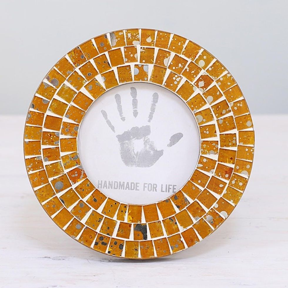 4 Inch Circular Orange Glass Mosaic Photo Frame from India 'Bubbling Memories'