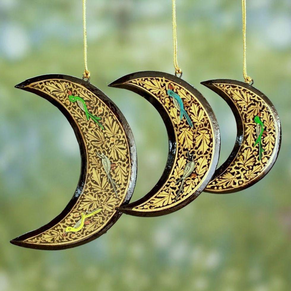 Wood Moon Christmas Ornaments with Bird Design set of 3 'Moon Birds'