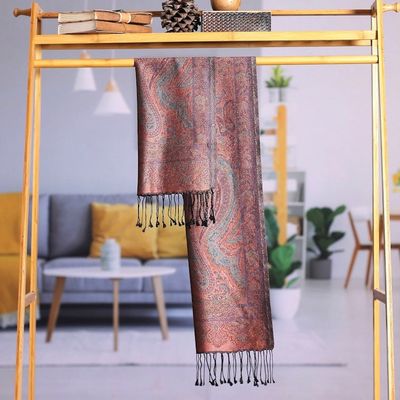 Alternate image for Reversible Jamawar Fringed Silk Scarf in Red Woven in India Magical Paisley