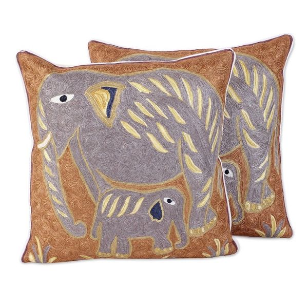 Alternate image for Elephant Theme Embroidered Chainstitch Cushion Covers Pair Grey Indian Elephants
