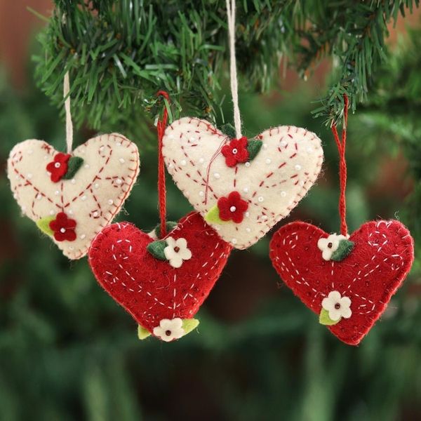 Alternate image for Handcrafted Felt Heart Ornaments in Red and Ivory Set of 4 Joyful Hearts