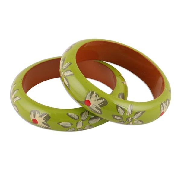 Alternate image for Floral Haldu Wood Bangle Bracelets in Lime from India Pair Lime Bloom