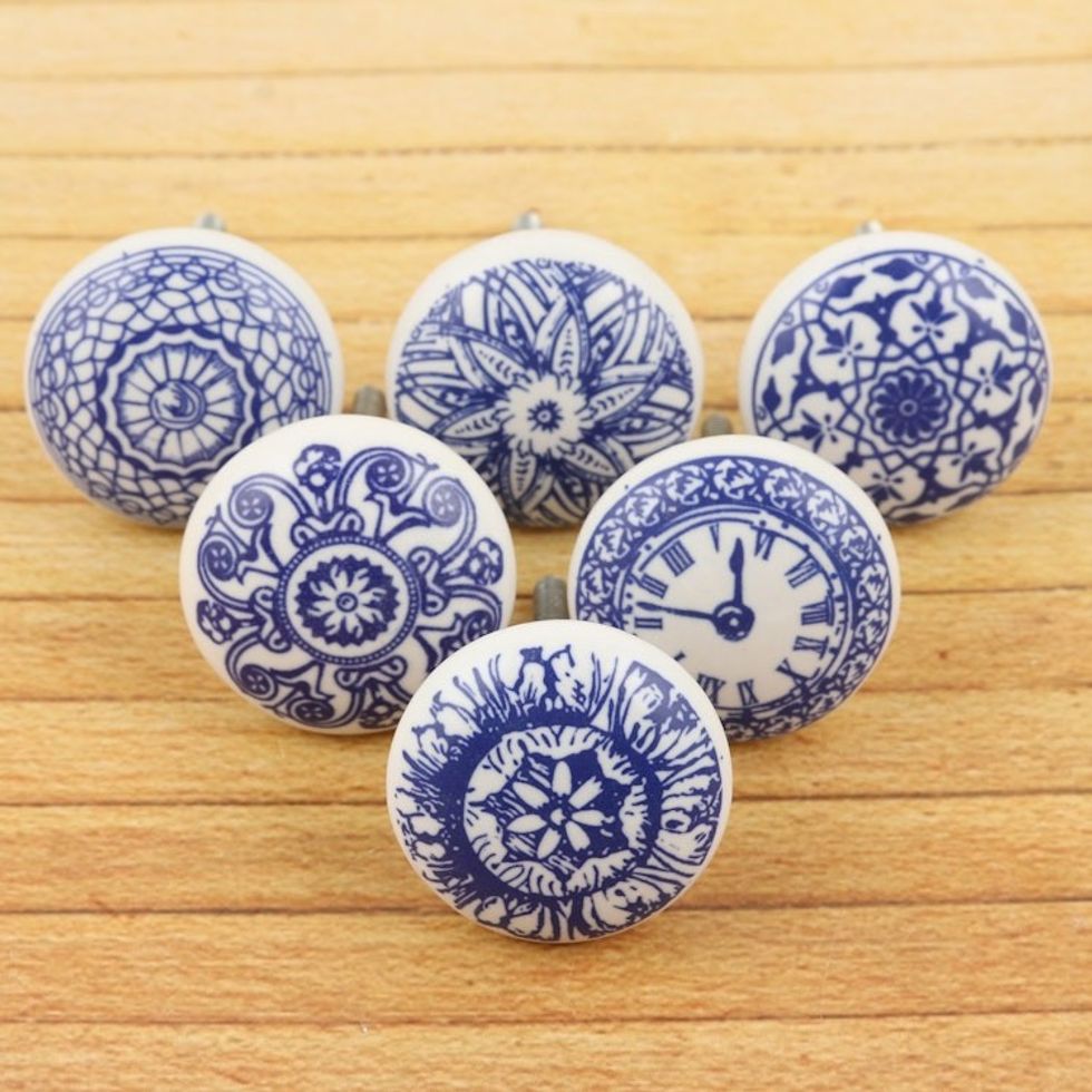 Set of 6 Handcrafted Blue Ceramic Knobs with Unique Patterns 'Blue Imagination'