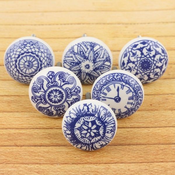 Alternate image for Set of 6 Handcrafted Blue Ceramic Knobs with Unique Patterns Blue Imagination