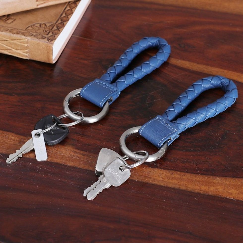 Handcrafted Braided Azure Leather Key Fobs Pair 'Azure Duo'