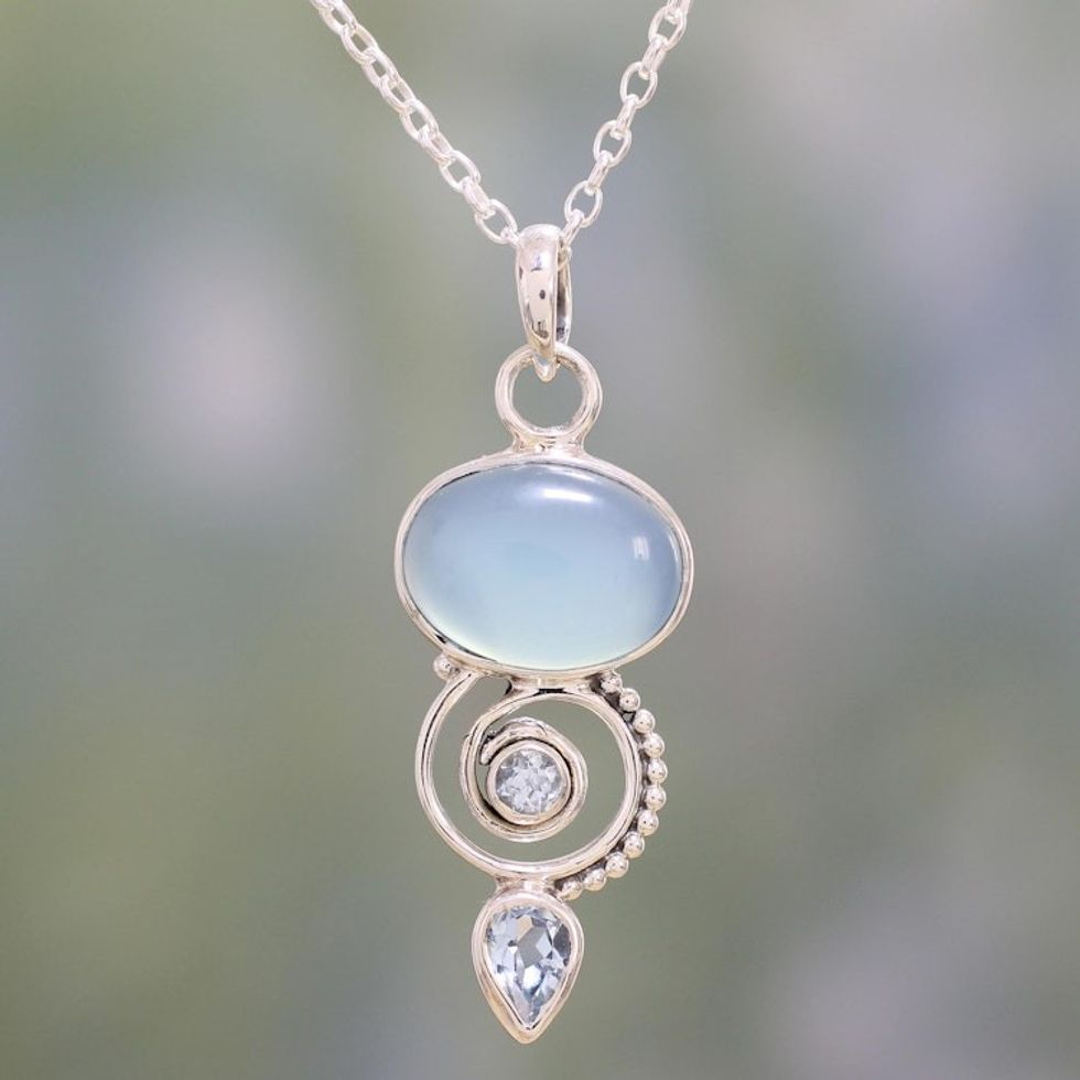 Blue Topaz and Chalcedony Pendant Necklace from India 'Sentimental Journey'