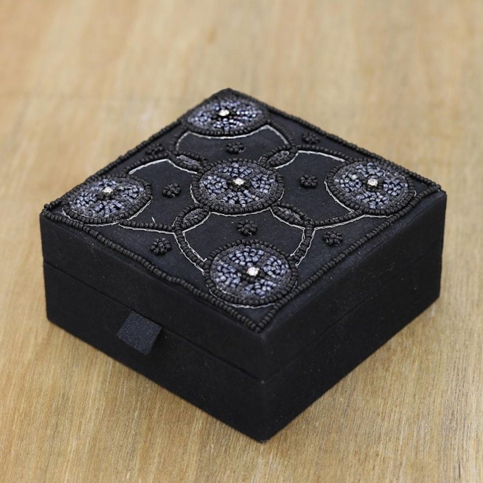 Handmade Black Cotton Beaded Jewelry Box from India 'Midnight Blooms'