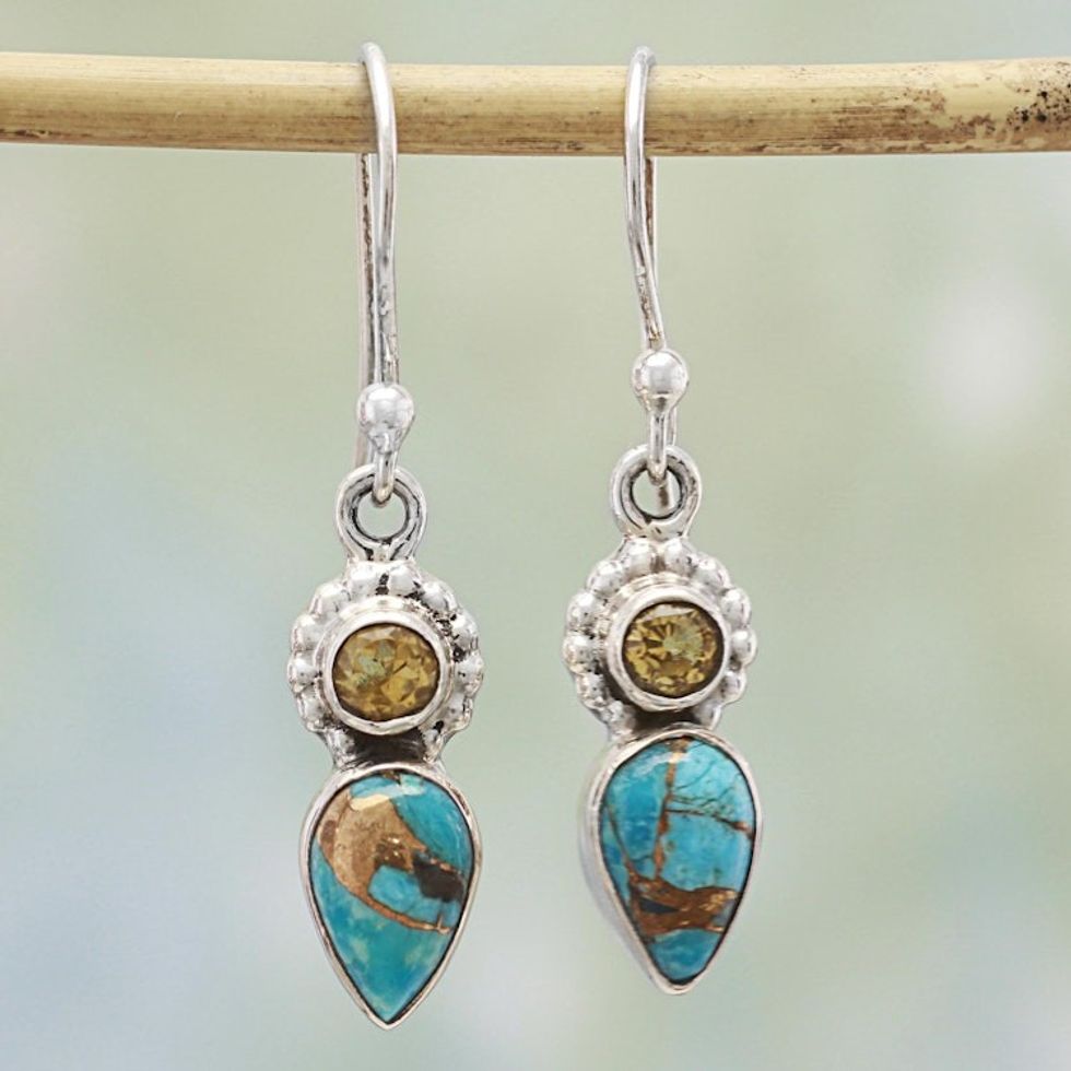 Citrine and Composite Turquoise Dangle Earrings from India 'Watery Allure'