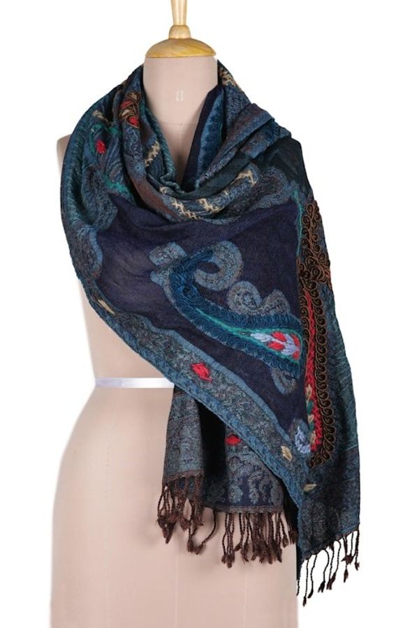 Alternate image for Hand-Embroidered Midnight Blue Wool Shawl Paisley Dreams