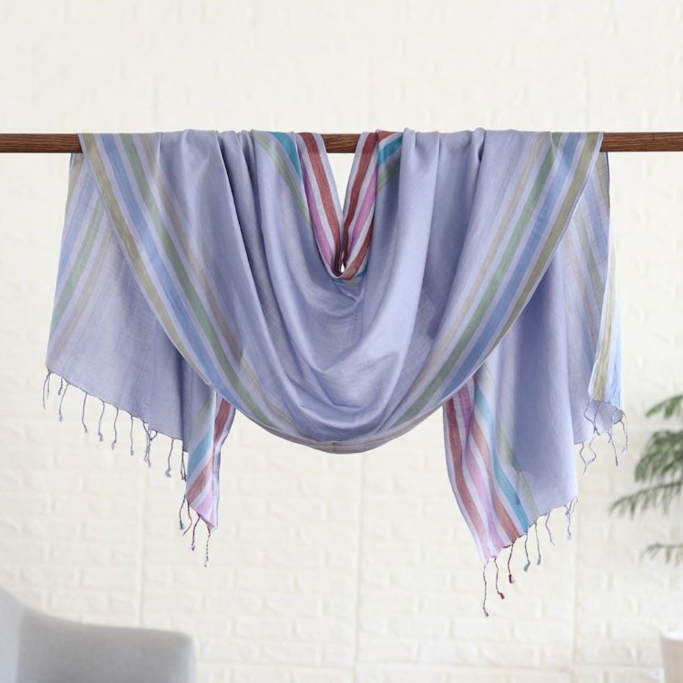 Indian Handloomed Striped Silk Shawl in Steel Blue 'Steel Blue Charm'