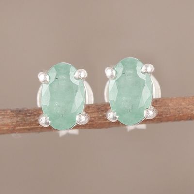 Alternate image for Faceted Green Oval Emerald Sterling Silver Stud Earrings Ravishing Green