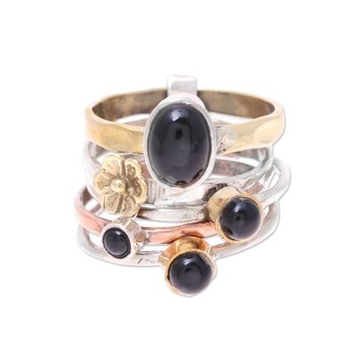 Alternate image for Sterling Silver Copper Black Onyx Cocktail Ring Midnight Flowers