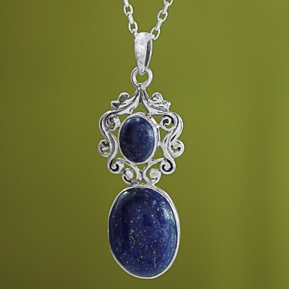 Handcrafted Deep Blue Lapis Lazuli Pendant Necklace 'Whimsical Tendrils'