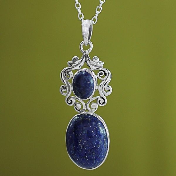 Alternate image for Handcrafted Deep Blue Lapis Lazuli Pendant Necklace Whimsical Tendrils