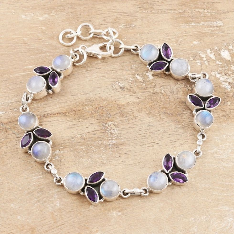 Rainbow Moonstone and Amethyst Sterling Silver Link Bracelet 'Misty Morning'