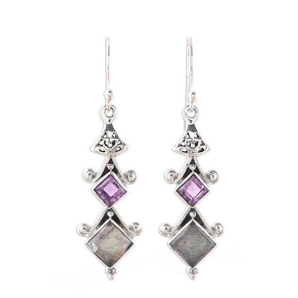 Alternate image for Square Labradorite and Amethyst Dangle Earrings from India Tower Charm