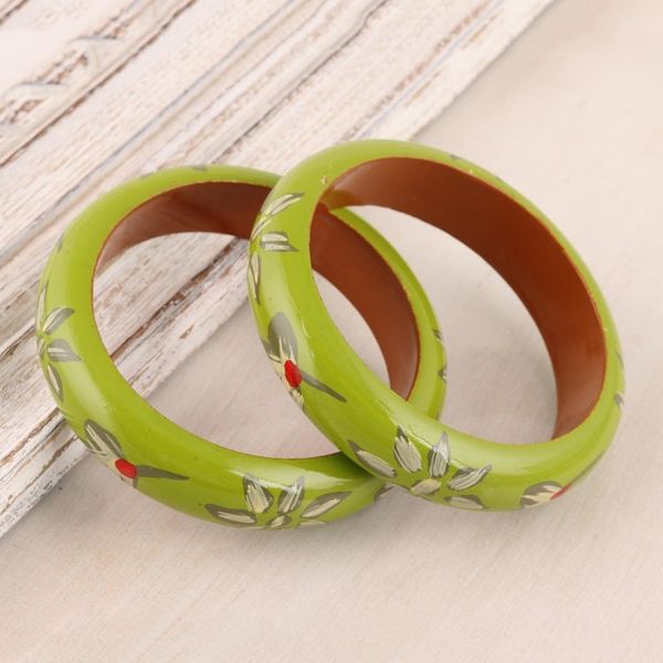 Alternate image for Floral Haldu Wood Bangle Bracelets in Lime from India Pair Lime Bloom