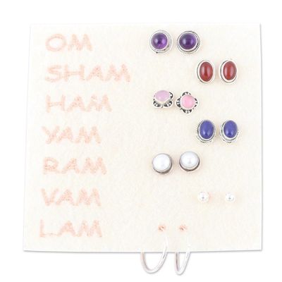 Alternate image for Set of 7 Polished Sterling Silver Earrings with Gemstones Precious Auras