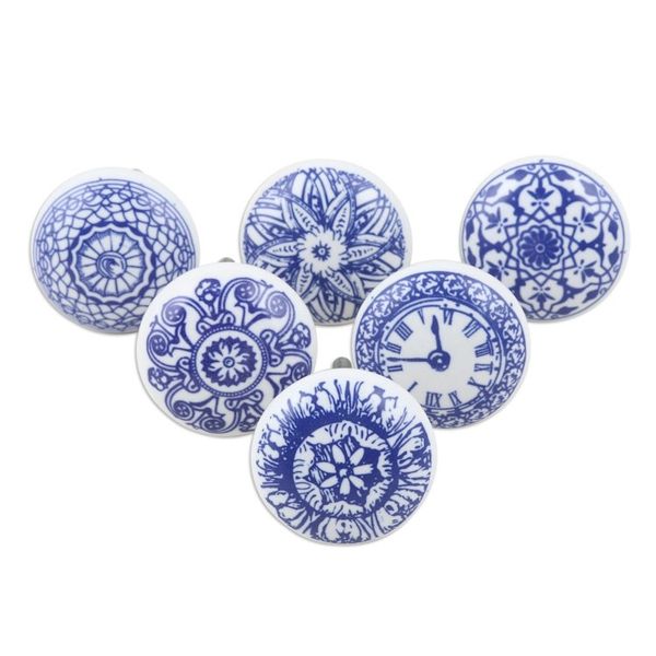 Alternate image for Set of 6 Handcrafted Blue Ceramic Knobs with Unique Patterns Blue Imagination