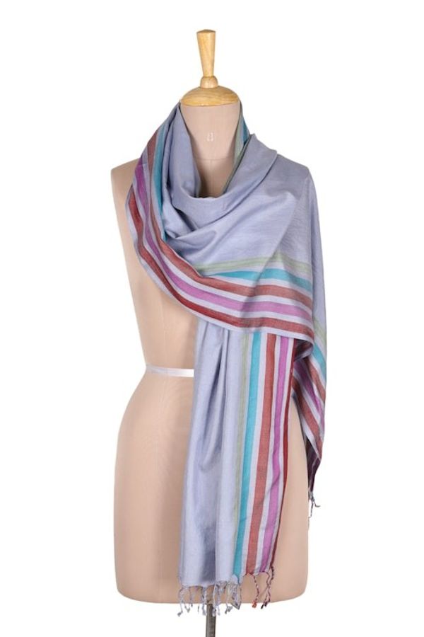 Alternate image for Indian Handloomed Striped Silk Shawl in Steel Blue Steel Blue Charm